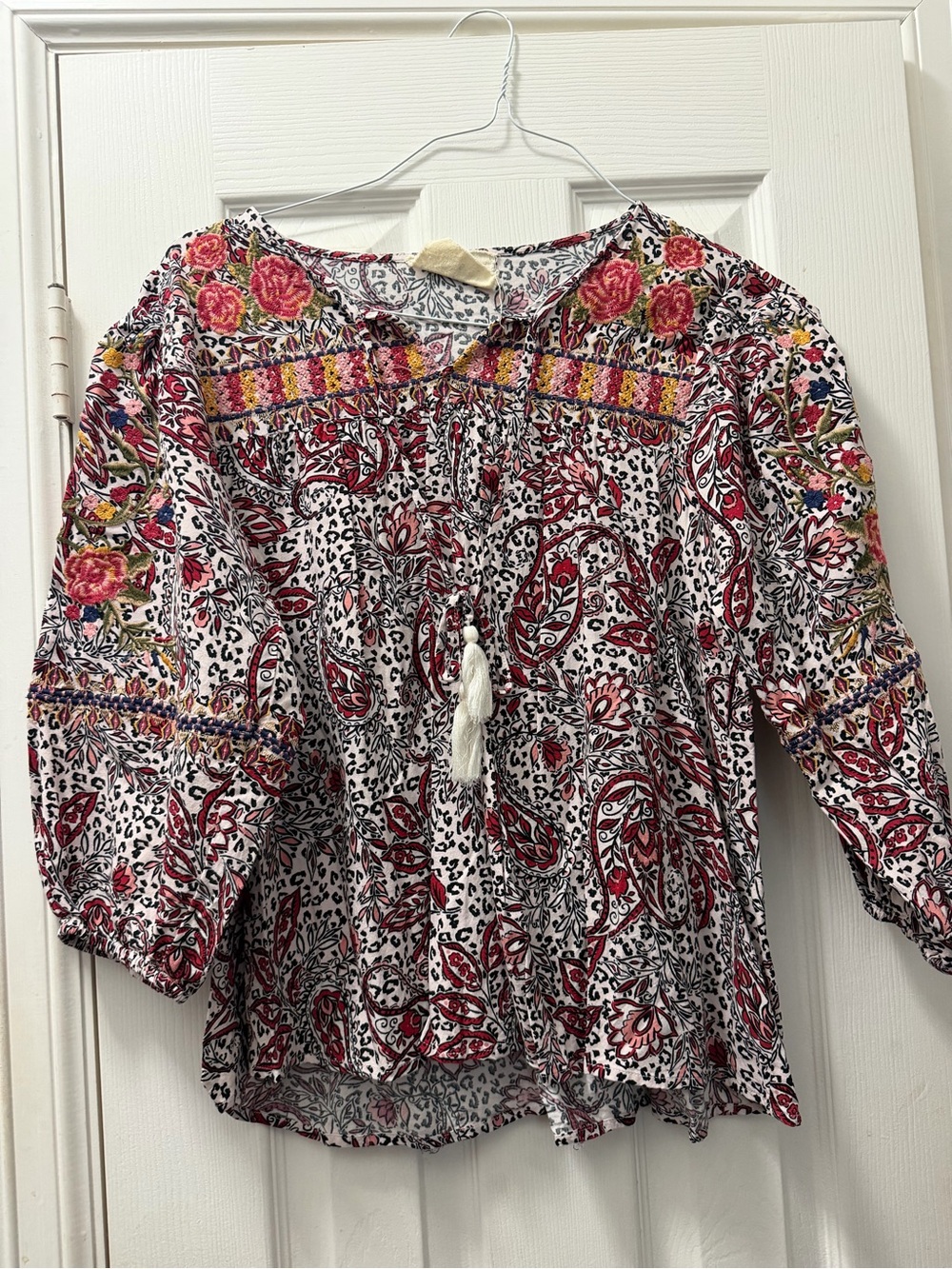 Savanna Jane White Boho Floral Tassel Blouse with Red Accents